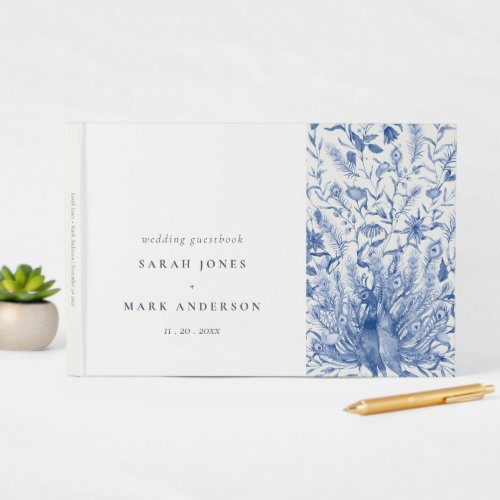 Ink Blue Classy Watercolor Floral Peacock Wedding Guest Book