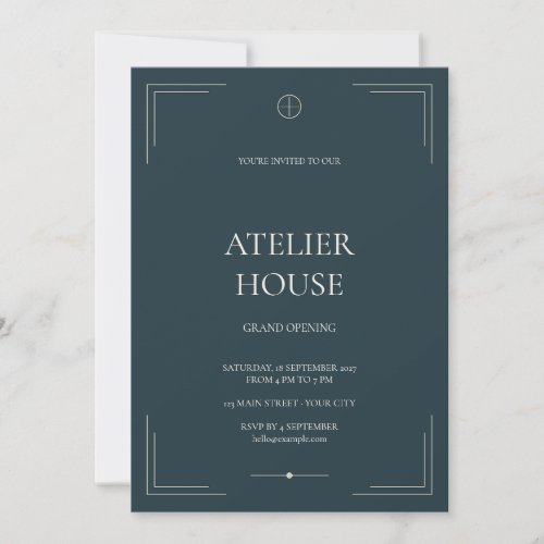 Ink Blue Ivory Editorial Business Grand Opening Invitation