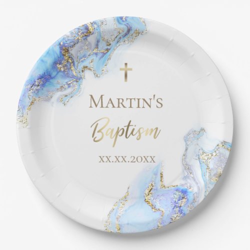 ink blue marble Baptism Paper Plates