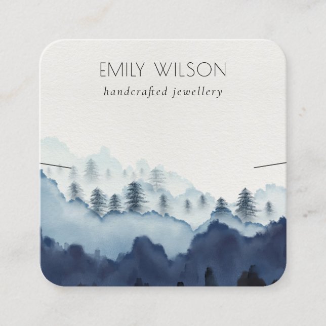 Ink Blue Navy Pine Woods Mountain Earring Display Square Business Card (Front)