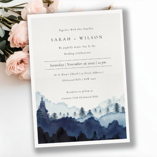 Ink Blue Navy Pine Woods Mountain Wedding Invite (Creator Uploaded)