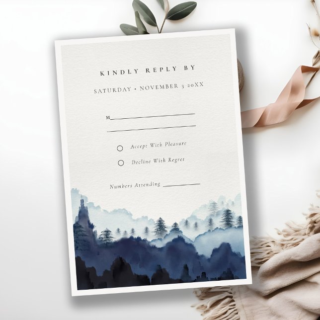 Ink Blue Navy Pine Woods Mountain Wedding RSVP Enclosure Card (Creator Uploaded)