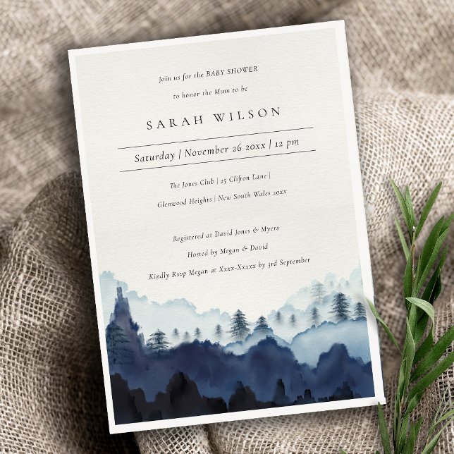 Ink Blue Pine Woods Mountain Baby Shower Invite (Creator Uploaded)