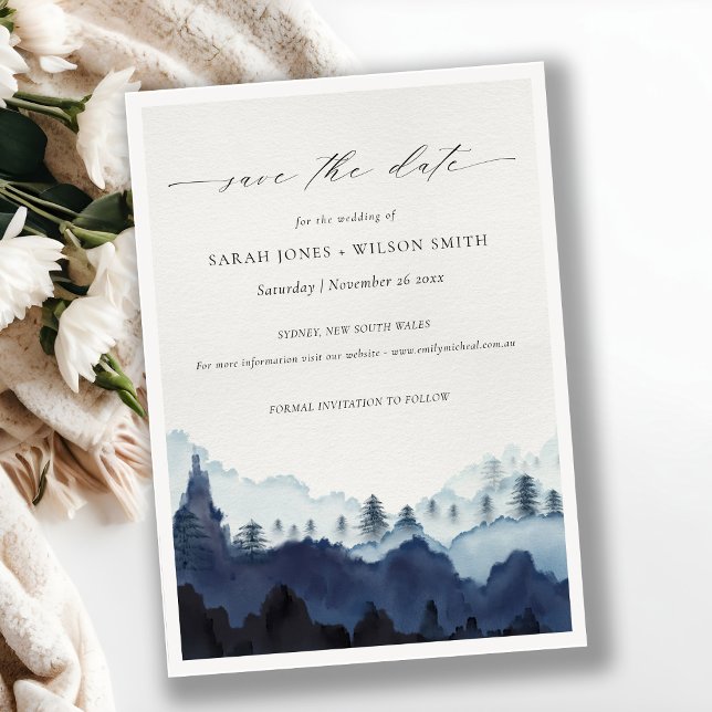 Ink Blue Pine Woods Mountain Save The Date Card (Creator Uploaded)