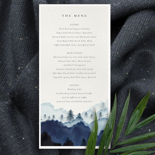 Ink Blue Pine Woods Mountain Wedding Menu Card