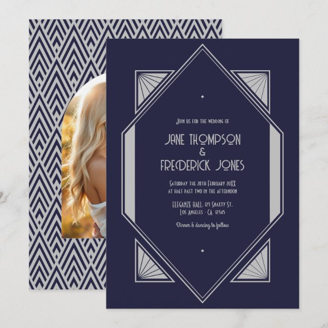 Ink Blue & Platinum Silver Art Deco Wedding Photo Invitation (Front/Back)