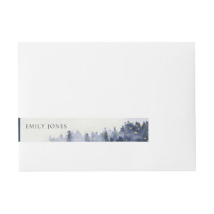 INK BLUE WATERCOLOR LANDSCAPE TREE FOLIAGE WRAP AROUND ADDRESS LABEL