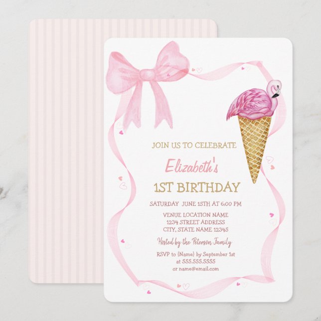 ink Bow Ice cream Striped Birthday   Invitation (Front/Back)