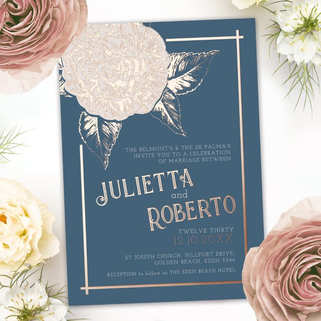 Ink camellia wedding cream, blue gray, rose gold foil invitation (Creator Uploaded)
