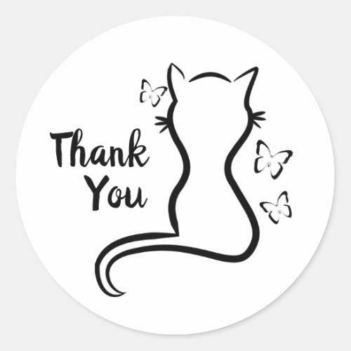 Ink Cat And Butterflies Thank You Classic Round Sticker