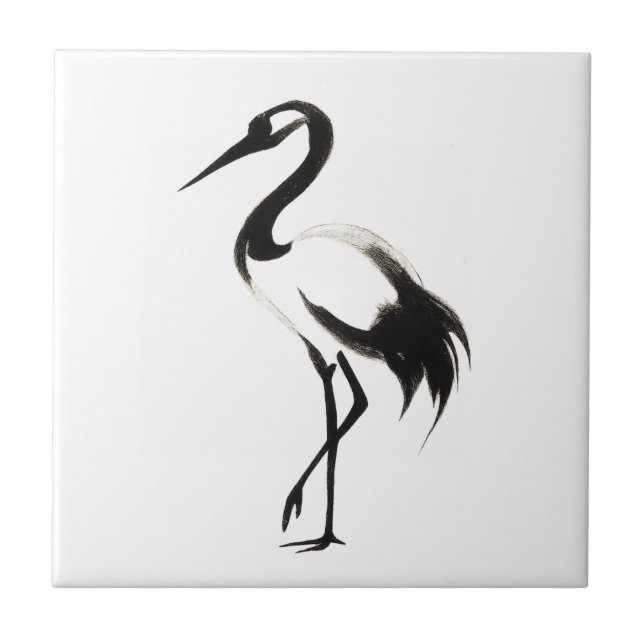 Ink Crane Illustration - Zen Brush Design on Ceramic Tile (Front)