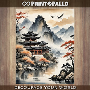 Ink drawing Japanese Pagoda on autumn lake - Tissue Paper