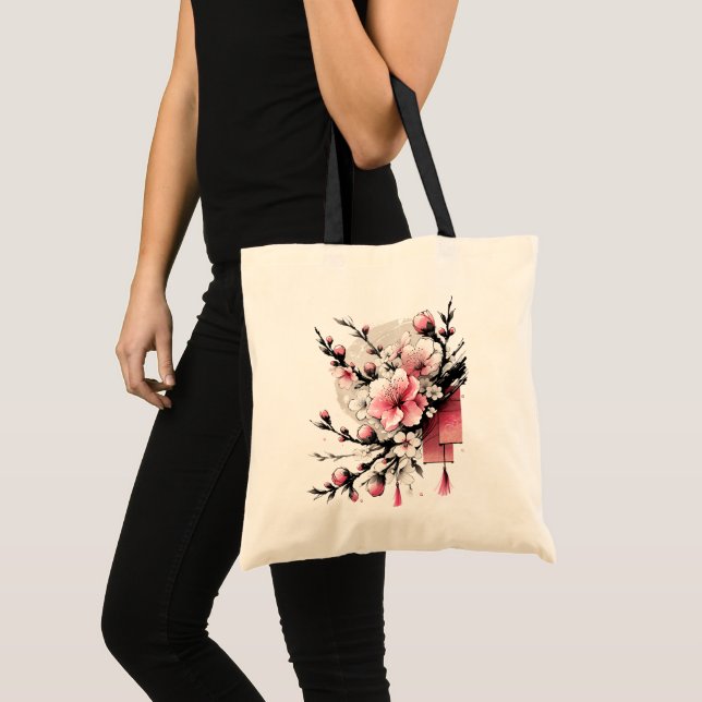 Ink Drawing of Hoa Dao Happy New Year Tote Bag (Front (Product))