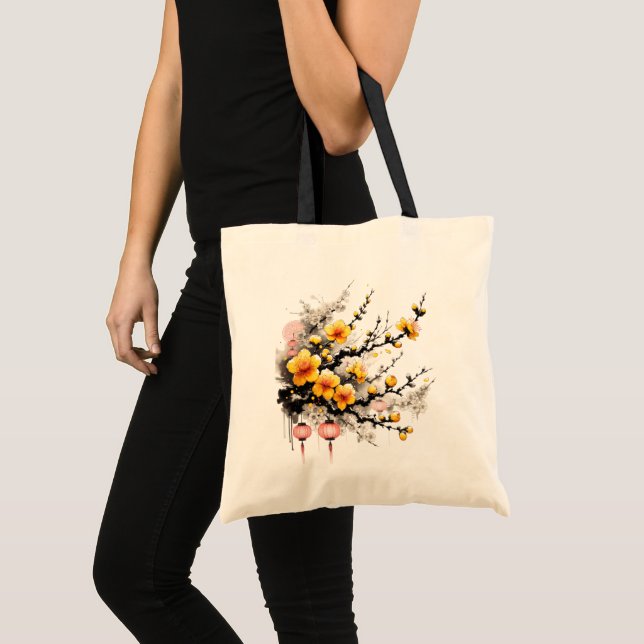 Ink Drawing of Hoa Mai Happy New Year Tote Bag (Front (Product))
