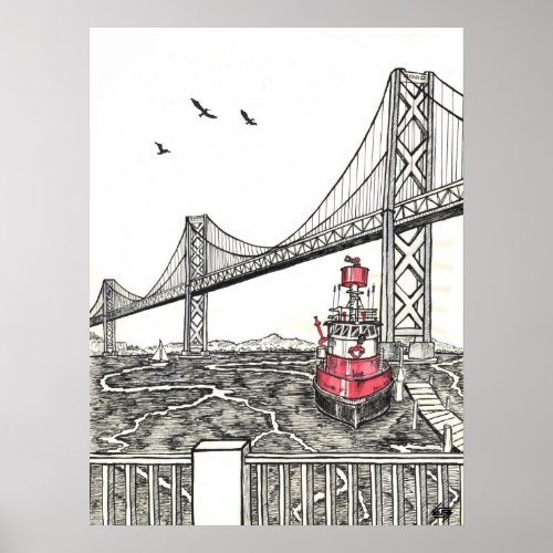 Ink Drawing of the Bay Bridge in San Francisco Poster