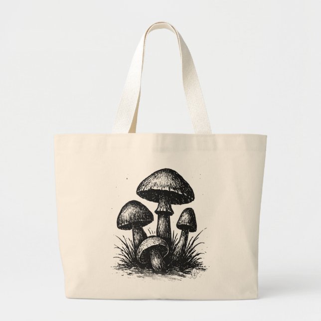 Ink‑Drawn Mushroom Cluster Tote Bag (Front)