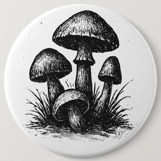 Ink‑Drawn Mushroom Cluster Tote Bag Button (Front)