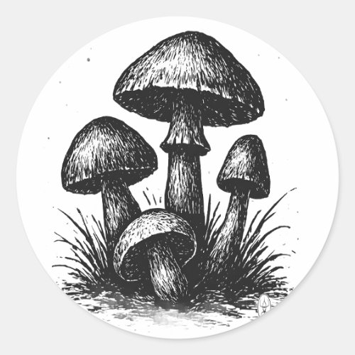 Ink‑Drawn Mushroom Cluster Tote Bag Classic Round Sticker