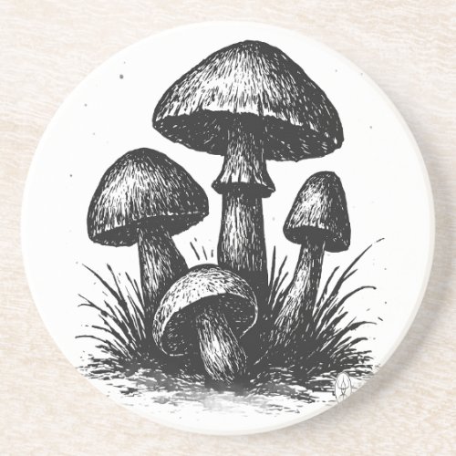 Ink‑Drawn Mushroom Cluster Tote Bag Coaster