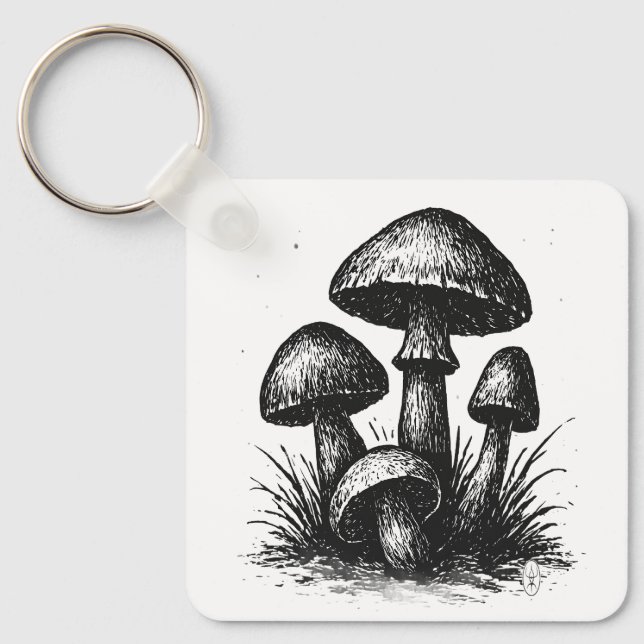 Ink‑Drawn Mushroom Cluster Tote Bag Keychain (Front)