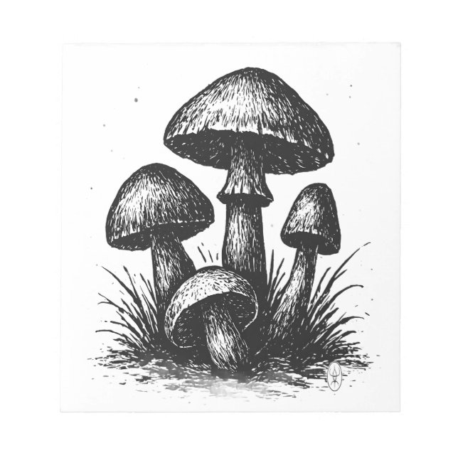 Ink‑Drawn Mushroom Cluster Tote Bag Notepad (Front)