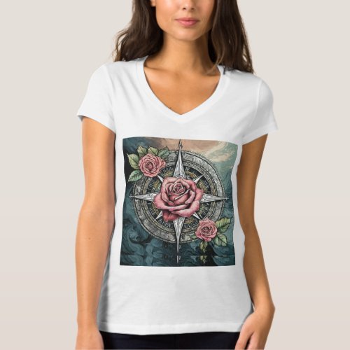 Ink  Essence Tattoo_Inspired Rose Compass T_Shir T_Shirt