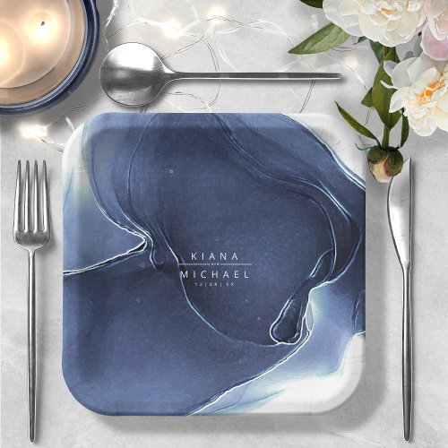 Ink Flow Wedding Blue ID762 Paper Plates