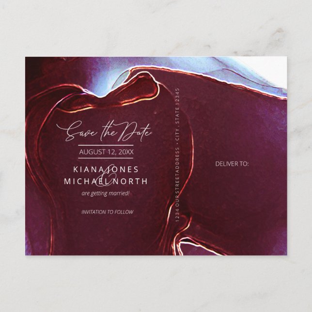 Ink Flow Wedding Save the Date Burgundy ID762 Announcement Postcard (Back)