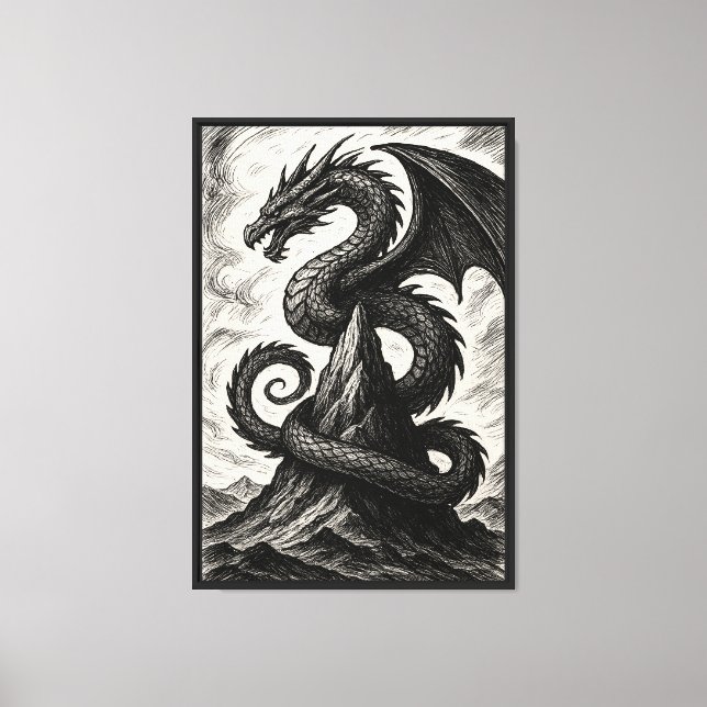 Ink Illustration Dragon on Mountain Canvas Print (Front)