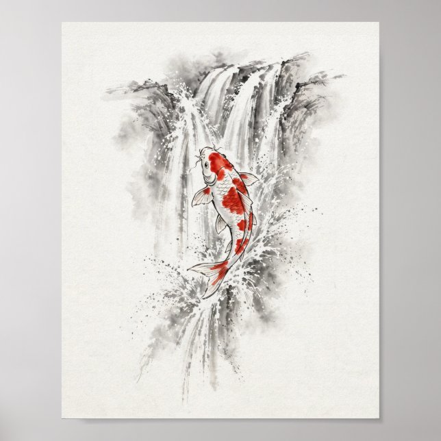 Ink Koi Fish Leaping Waterfall Poster (Front)