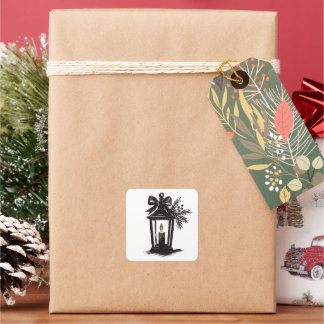 Ink Lantern with Candle and Pine – Holiday Art on Square Sticker