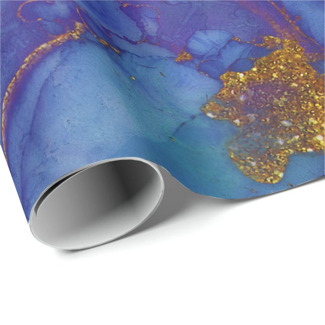 Ink Liquid Paint Blue Aqua Navy Purple Gold Wrapping Paper (Roll Corner)