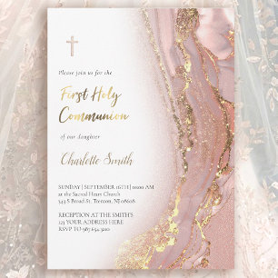 ink marble First Holy Communion girl Invitation