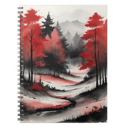 Ink painting in black and red of a landscape notebook