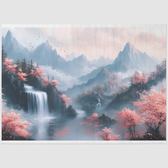 Ink Painting of Flowering Trees and Waterfall Tissue Paper (Front)