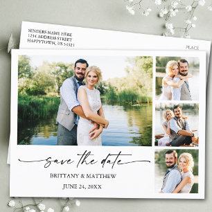 Ink Pen Script 4 Photos Modern Save The Date Postcard