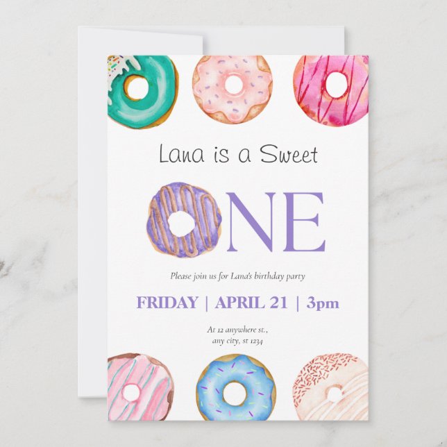 ink Purple Blue Donut 1st Birthday Party  Invitation (Front)