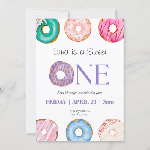 ink Purple Blue Donut 1st Birthday Party  Invitation