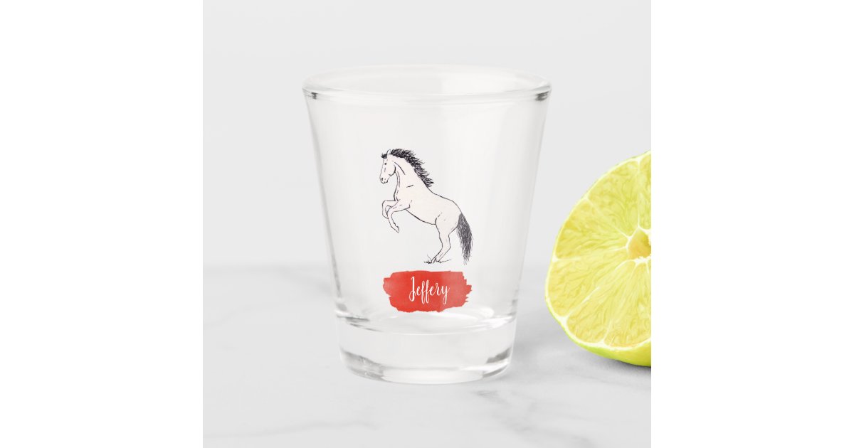 Ink Rearing Horse Drawing Red Watercolor Shot Glass Zazzle Com