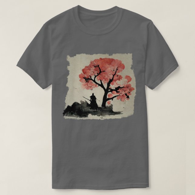 Ink Samurai Under a Sakura Tree Japanese Aesthetic T-Shirt (Design Front)