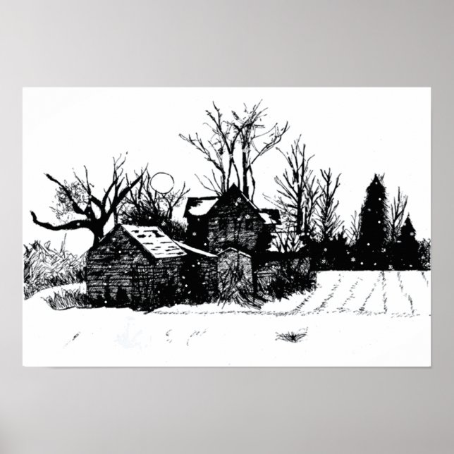 Ink Sketch Old Farm Winter Scene Poster (Front)