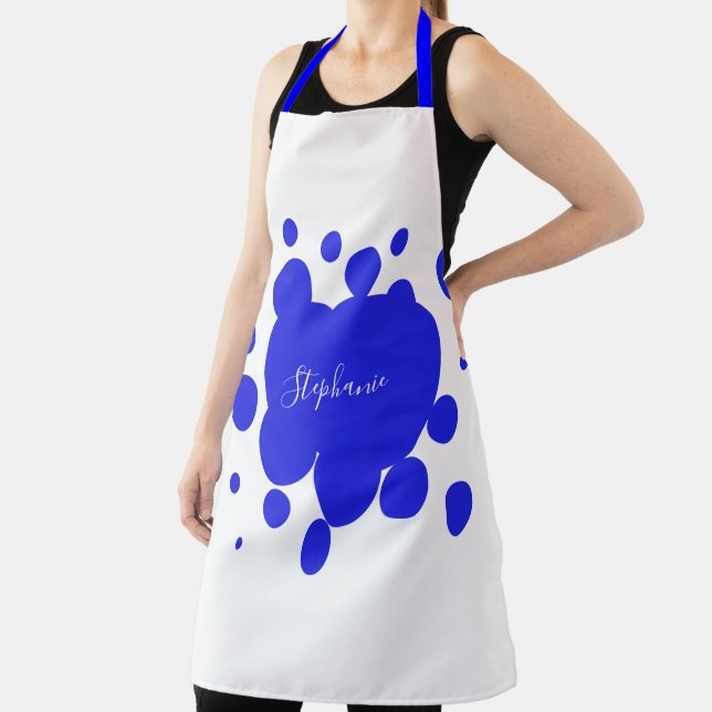 Ink Splash Blue Pattern White Custom Monogram Name Apron (Insitu)