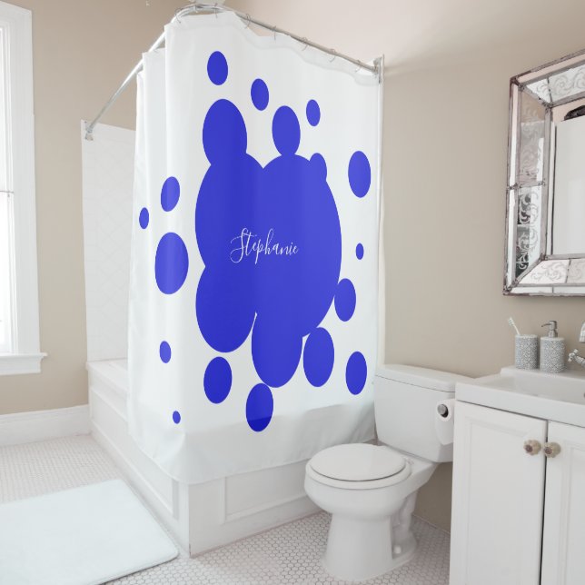 Ink Splash Blue Pattern White Custom Monogram Name Shower Curtain (In Situ)
