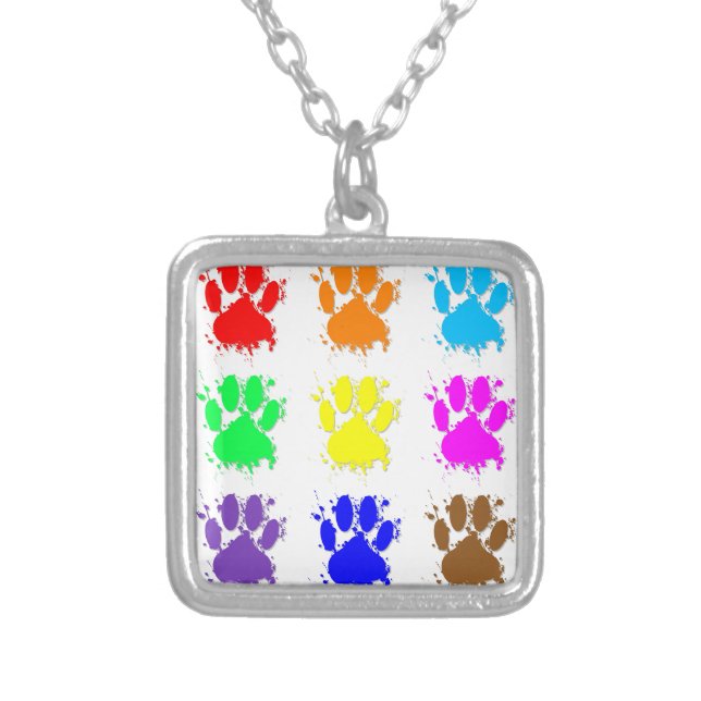 Ink Splatter Dog Paw Pattern Silver Plated Necklace (Front)