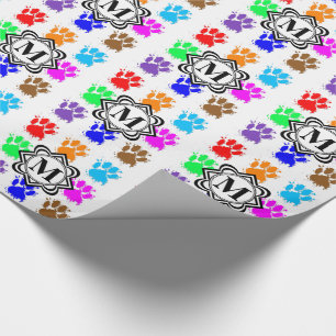 Ink Splatter Dog Paws With Monogram Wrapping Paper