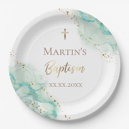 ink teal marble Baptism Paper Plate