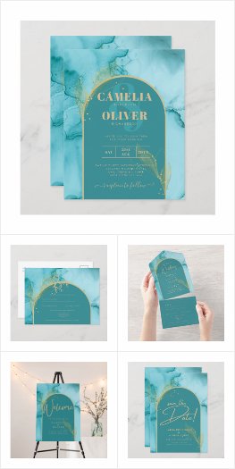 Ink Turquoise Teal Gold Wedding Suite