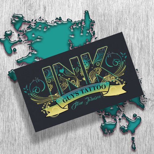 Ink Typography Tattoo Artist TealYellow ID815 Business Card