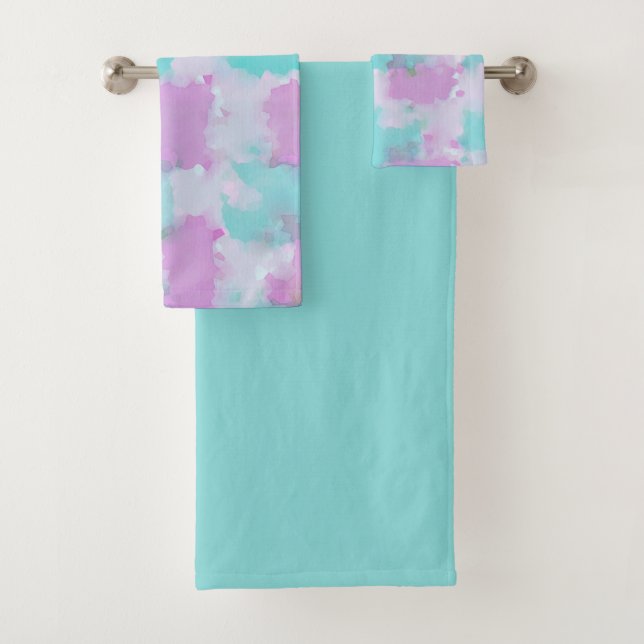 Ink Wash Abstract Art Bath Towel Set Pink Aqua (Insitu)
