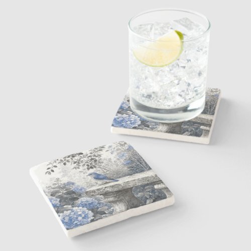 Ink Wash Bluebird On a Stone Garden Bench Coaster